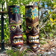 Set of 2 Tiki Wall Masks, 20 Inch Wood Palm and Plumeria Designs Image 4