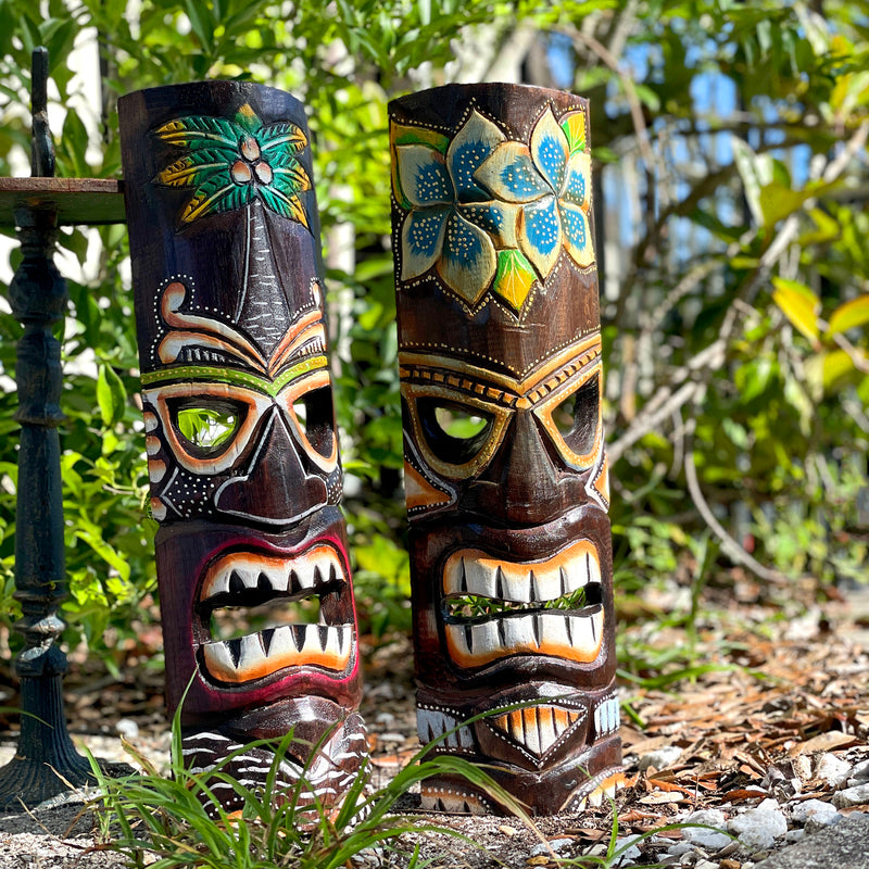 Set of 2 Tiki Wall Masks, 20 Inch Wood Palm and Plumeria Designs Image 4