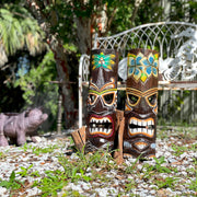 Set of 2 Tiki Wall Masks, 20 Inch Wood Palm and Plumeria Designs Image 7
