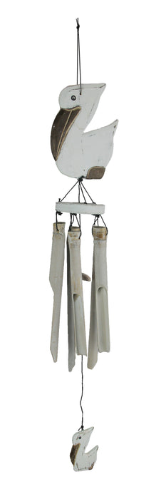 Hand-Carved Wood and Bamboo Perched Pelican Coastal Themed Wind Chime - 21.5 Inches Long -  Great Addition to Your Tropical