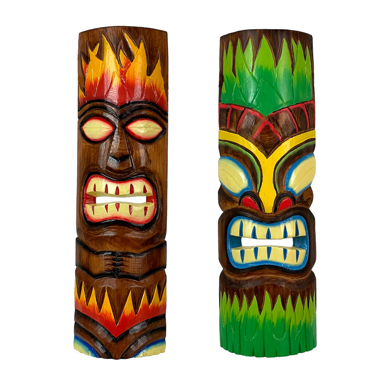Set of 2 Tiki Wall Masks, 20 Inch Fire and Earth Wood Totems Image 1