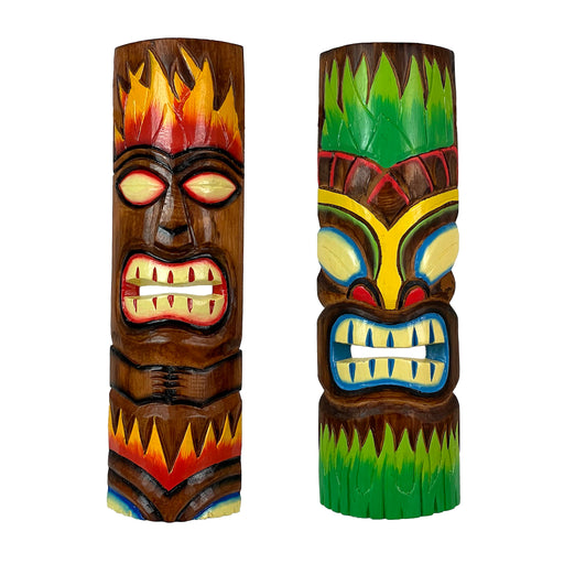 Set of 2 Tiki Wall Masks, 20 Inch Fire and Earth Wood Totems Image 1