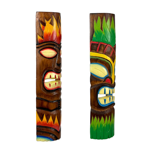 Set of 2 Tiki Wall Masks, 20 Inch Fire and Earth Wood Totems Image 2