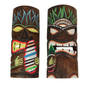 Set of 2 Hand-Carved Polynesian-Style Wooden Surfer Tiki Masks Wall Hanging Tropical Beach Home Decor 12 Inches High - Great