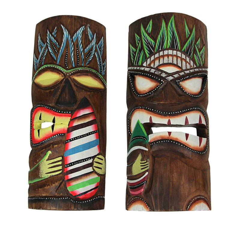 Set of 2 Hand-Carved Polynesian-Style Wooden Surfer Tiki Masks Wall Hanging Tropical Beach Home Decor 12 Inches High - Great