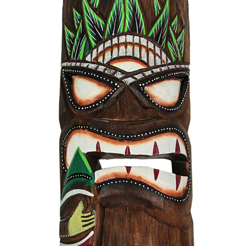 Set of 2 Hand-Carved Polynesian-Style Wooden Surfer Tiki Masks Wall Hanging Tropical Beach Home Decor 12 Inches High - Great