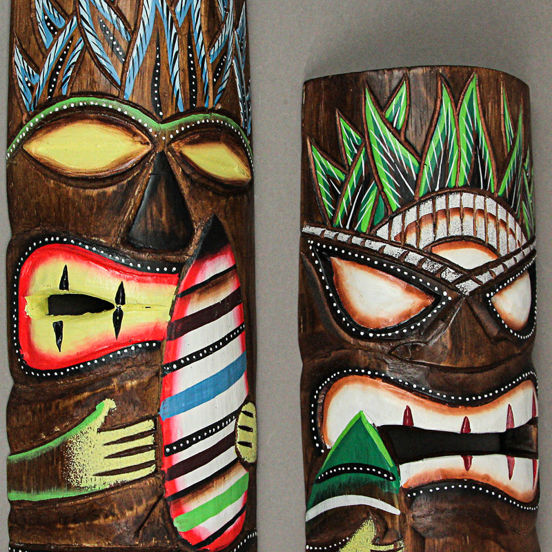 Set of 2 Hand-Carved Polynesian-Style Wooden Surfer Tiki Masks Wall Hanging Tropical Beach Home Decor 12 Inches High - Great