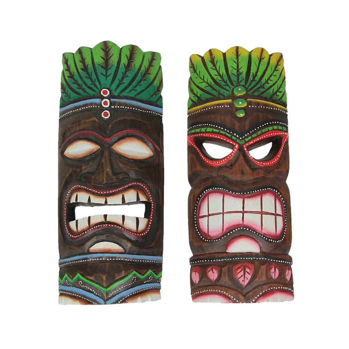 Set of 2 Hand-Carved Wood Tiki Masks in Blue and Green Flame Design, Ideal for Tropical Wall Decor, 11.75 Inches High - Easy