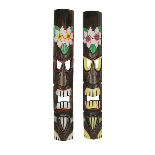 Artisan Crafted Set of 2 Hand-Carved Wooden Tiki Masks Adorned with Plumeria Flower Designs for Tropical Wall Decor, 39