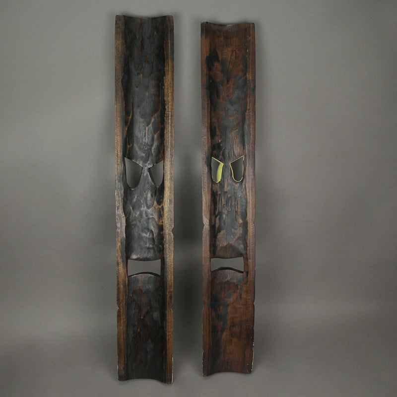 Artisan Crafted Set of 2 Hand-Carved Wooden Tiki Masks Adorned with Plumeria Flower Designs for Tropical Wall Decor, 39