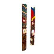 Zeckos Set of 2 Tiki Wall Masks, Hand Carved Wood Wall Sculptures in Red and Green Headdress with Hand Painted Distressed