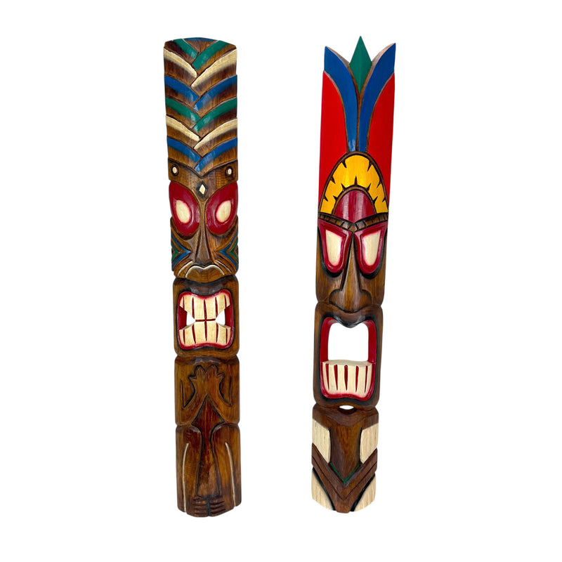 Zeckos Set of 2 Tiki Wall Masks, Hand Carved Wood Wall Sculptures in Red and Green Headdress with Hand Painted Distressed