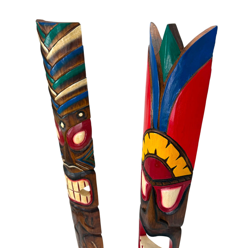 Zeckos Set of 2 Tiki Wall Masks, Hand Carved Wood Wall Sculptures in Red and Green Headdress with Hand Painted Distressed