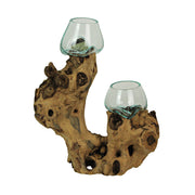 Decorative Double Bowl Vase with Molten Glass on Root Wood, 13.5 Inch Image 1