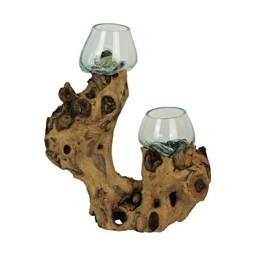 Decorative Double Bowl Vase with Molten Glass on Root Wood, 13.5 Inch Image 1