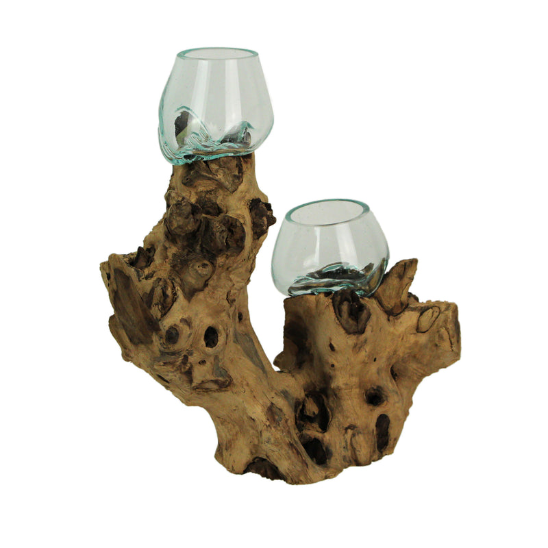 Decorative Double Bowl Vase with Molten Glass on Root Wood, 13.5 Inch Image 2