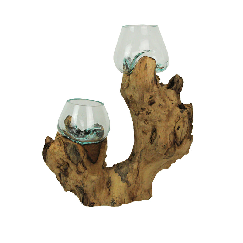 Decorative Double Bowl Vase with Molten Glass on Root Wood, 13.5 Inch Image 8