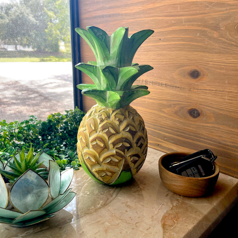 Pineapple Sculpture, 10 Inch Hand-Carved Wood Tropical Decor Image 4