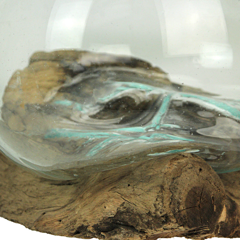 Decorative Vase, 10 Inch Wide-Mouth Molten Glass on Teak Driftwood Image 3