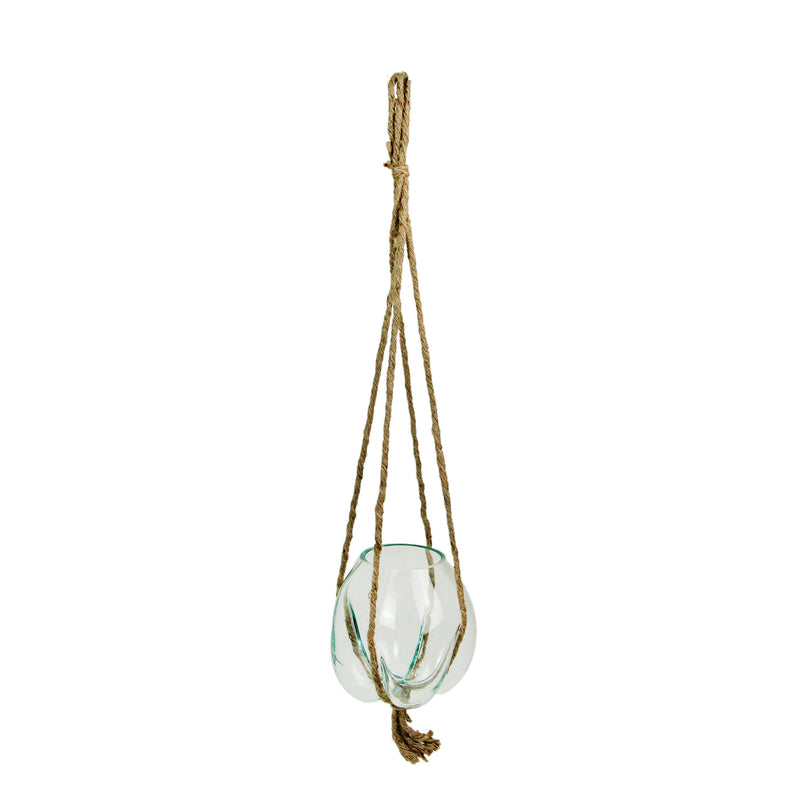Hanging Glass Planter, 25 Inch Wide Molten Bowl with Jute Rope Image 1