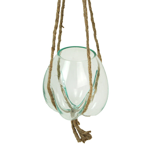 Hanging Glass Planter, 25 Inch Wide Molten Bowl with Jute Rope Image 2