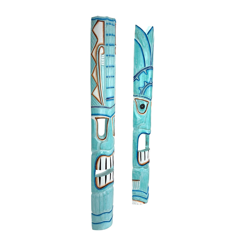 Zeckos Set of 2 Aqua Hand Carved Wood Tiki Wall Masks, 39 Inches Tall, Painted Distressed Finish, Wall Sculptures for Living
