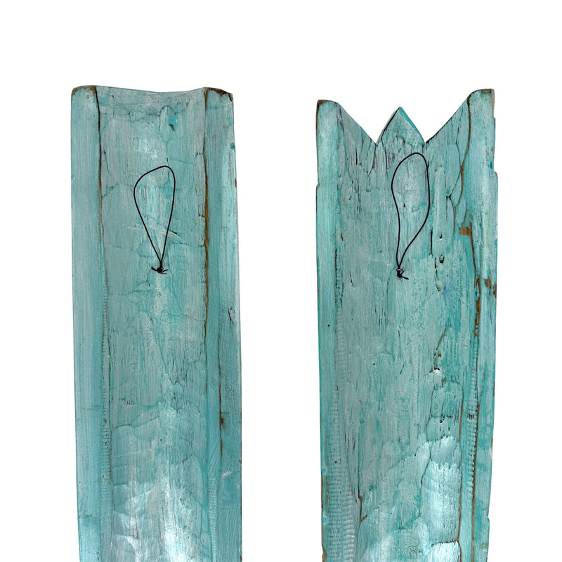 Zeckos Set of 2 Aqua Hand Carved Wood Tiki Wall Masks, 39 Inches Tall, Painted Distressed Finish, Wall Sculptures for Living