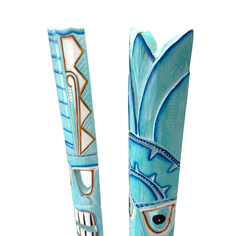 Zeckos Set of 2 Aqua Hand Carved Wood Tiki Wall Masks, 39 Inches Tall, Painted Distressed Finish, Wall Sculptures for Living