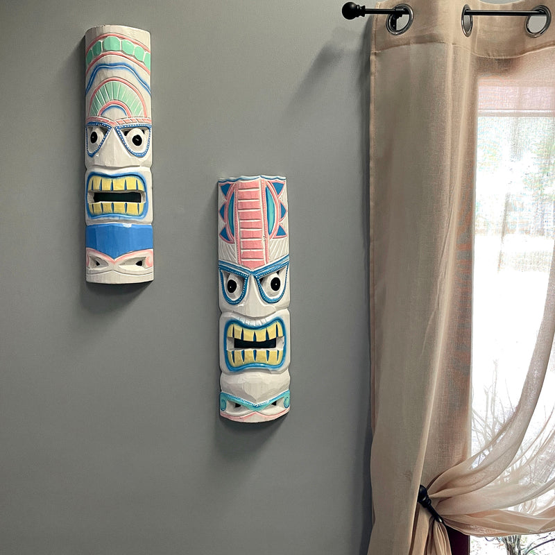 White - Image 8 - Set of 2 Tiki Mask Wall Sculptures, 20 Inch Whitewashed Pastel