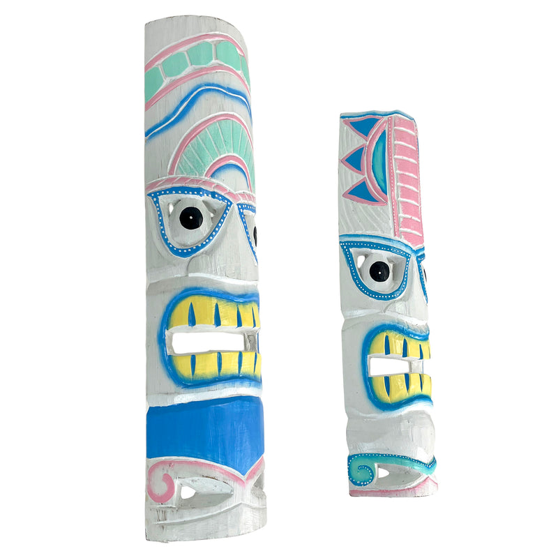 White - Image 2 - Set of 2 Tiki Mask Wall Sculptures, 20 Inch Whitewashed Pastel