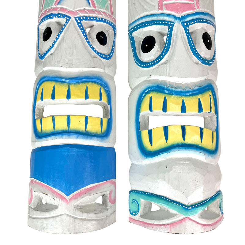 White - Image 9 - Set of 2 Tiki Mask Wall Sculptures, 20 Inch Whitewashed Pastel