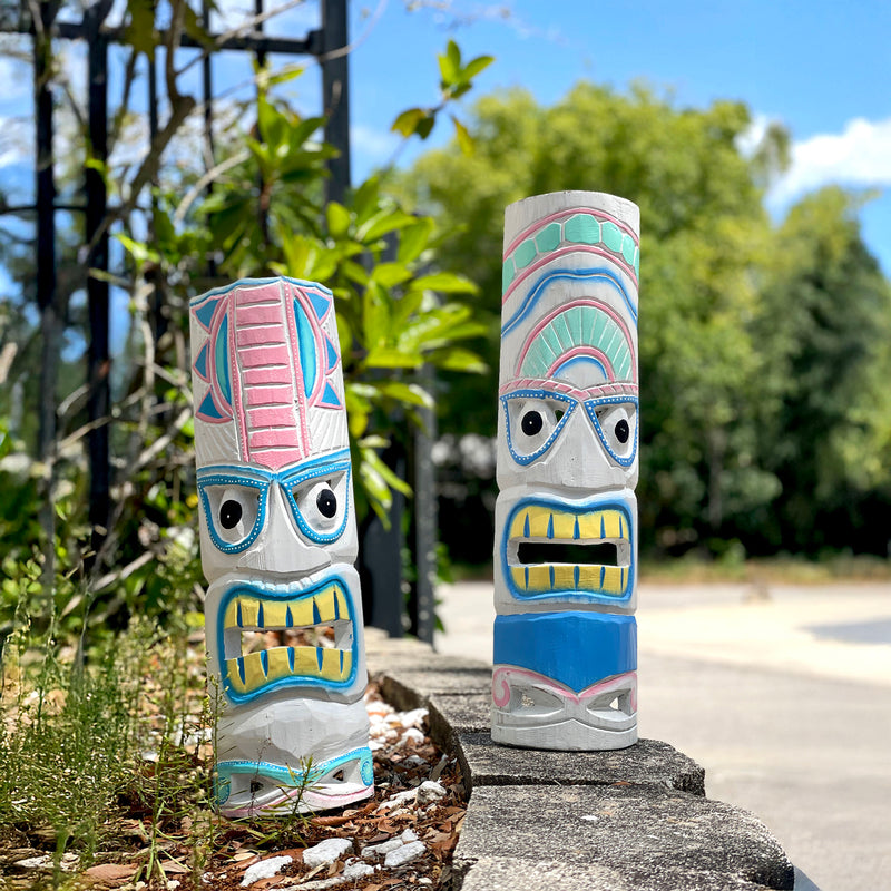 White - Image 5 - Set of 2 Tiki Mask Wall Sculptures, 20 Inch Whitewashed Pastel