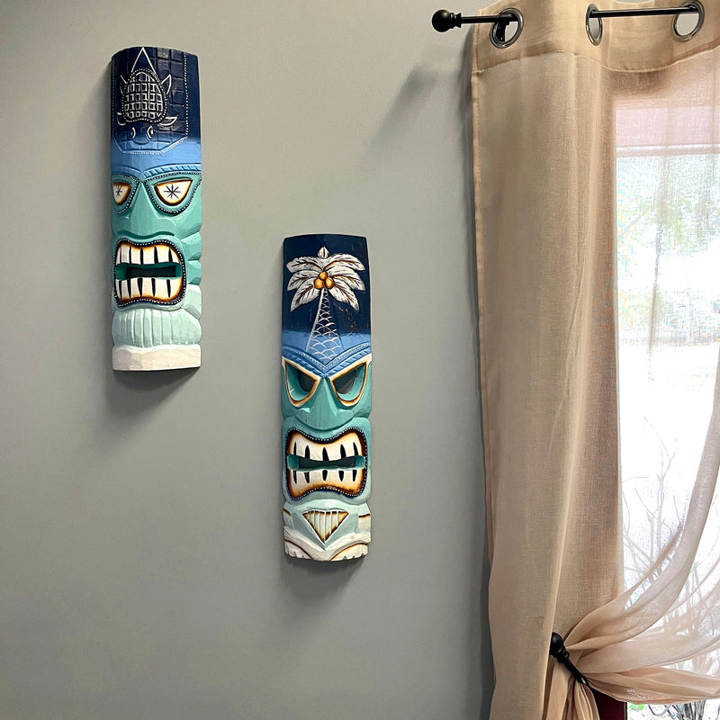 Blue - Image 8 - Set of 2 Tiki Mask Wall Sculptures, 20 Inch Blue Green Ocean