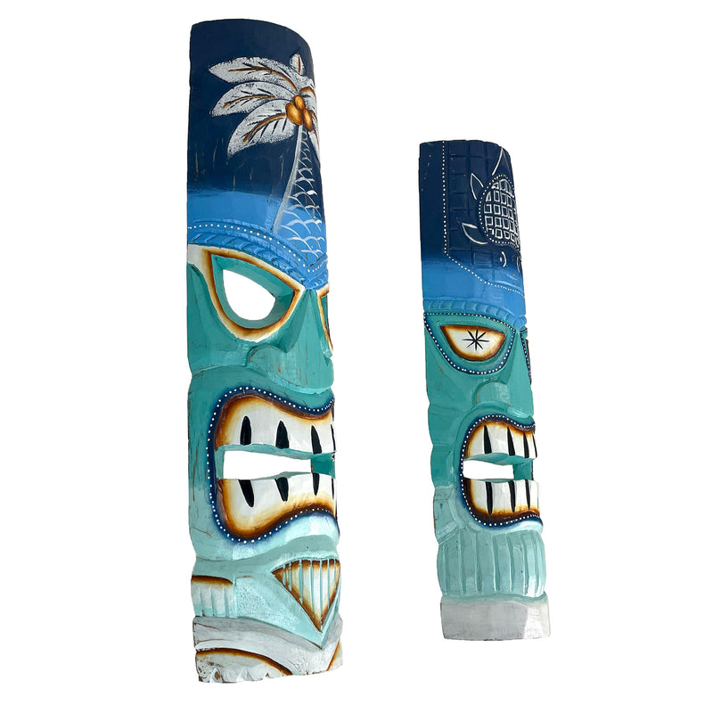 Blue - Image 2 - Set of 2 Tiki Mask Wall Sculptures, 20 Inch Blue Green Ocean
