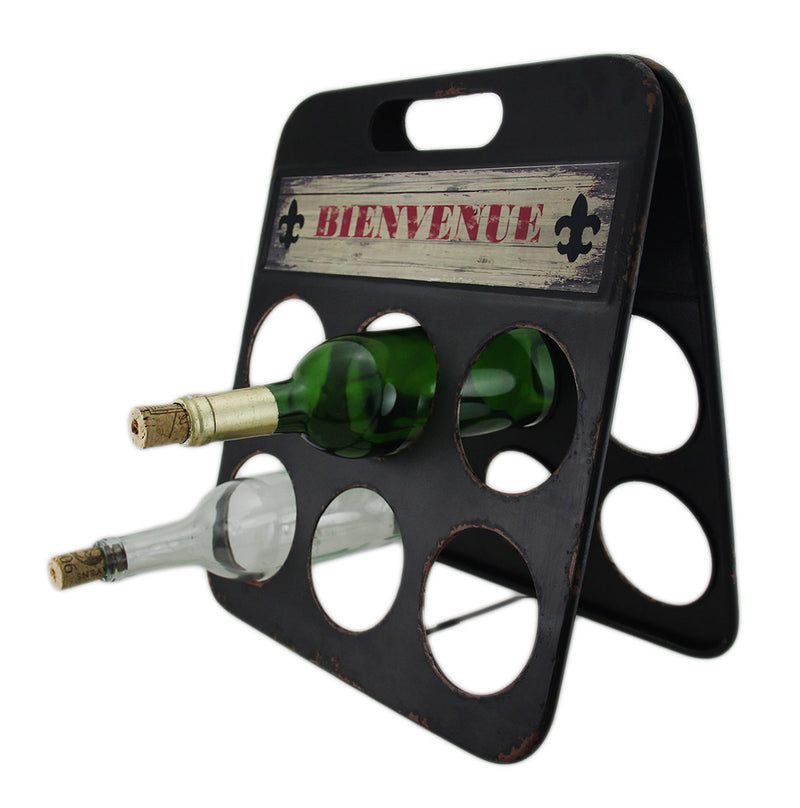 Fleur De Lis Bienvenue Distressed Metal 6 Bottle Wine Holder Image 2
