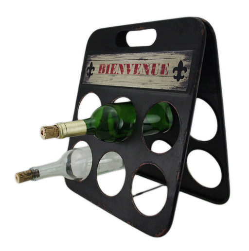Fleur De Lis Bienvenue Distressed Metal 6 Bottle Wine Holder Image 2