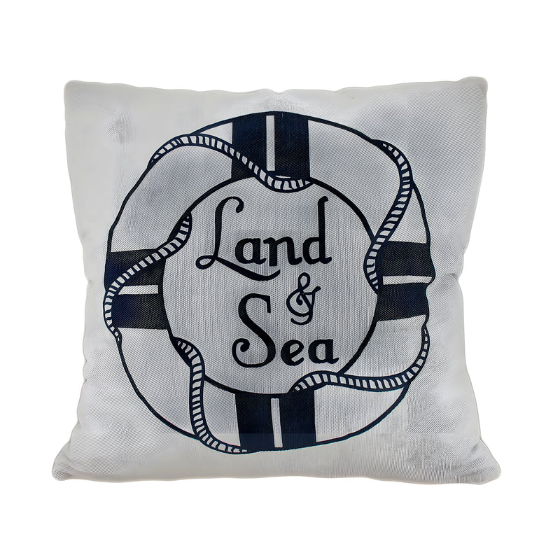 Land and Sea White and Blue Life Preserver Decorative Throw Pillow 16in. Image 1