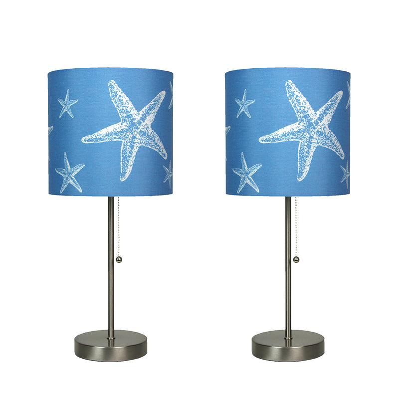 Set of 2 Brushed Nickel Finish Table Lamps with Blue Starfish Shades for Nautical Décor - Contemporary Coastal Elegance For