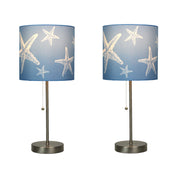 Set of 2 Brushed Nickel Finish Table Lamps with Blue Starfish Shades for Nautical Décor - Contemporary Coastal Elegance For