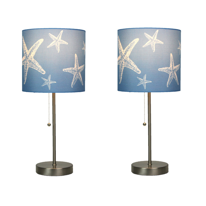 Set of 2 Brushed Nickel Finish Table Lamps with Blue Starfish Shades for Nautical Décor - Contemporary Coastal Elegance For