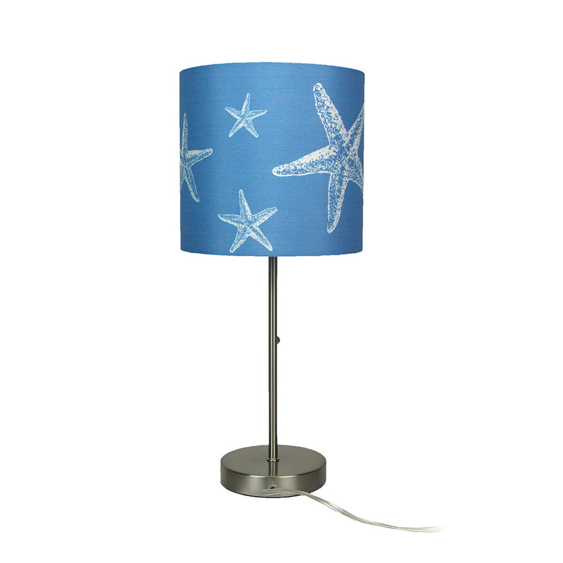 Set of 2 Brushed Nickel Finish Table Lamps with Blue Starfish Shades for Nautical Décor - Contemporary Coastal Elegance For