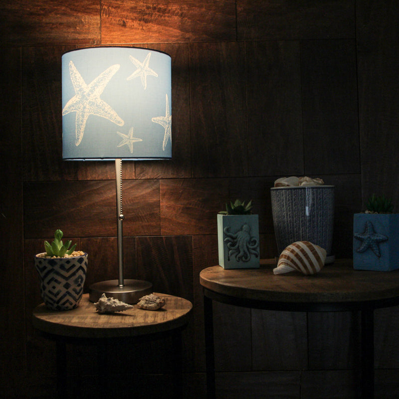 Set of 2 Brushed Nickel Finish Table Lamps with Blue Starfish Shades for Nautical Décor - Contemporary Coastal Elegance For