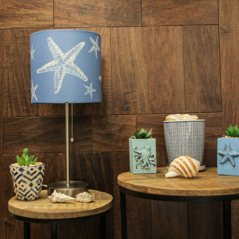 Set of 2 Brushed Nickel Finish Table Lamps with Blue Starfish Shades for Nautical Décor - Contemporary Coastal Elegance For