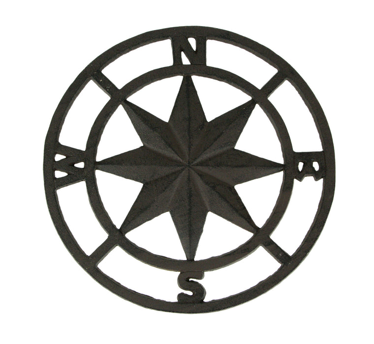 Distressed Brown Cast Iron Nautical Compass Rose for Indoor and Outdoor Versatility, Navigational Design Wall Décor with