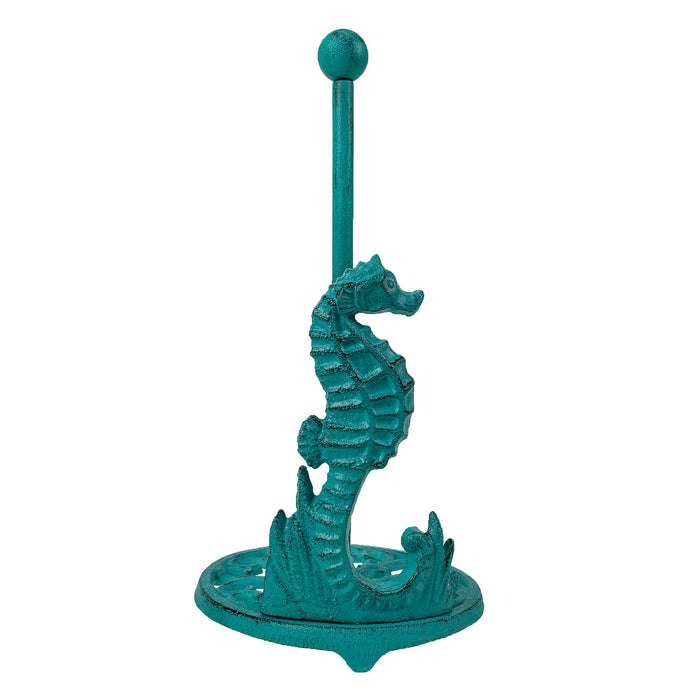 Turquoise - Image 1 - Seahorse Cast Iron Paper Towel Holder - Elegant 13” Tall Marine-Themed Dispenser - Nautical Style Decor