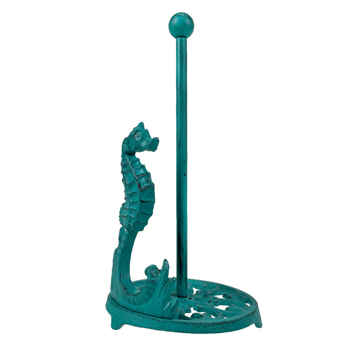 Turquoise - Image 2 - Seahorse Cast Iron Paper Towel Holder - Elegant 13” Tall Marine-Themed Dispenser - Nautical Style Decor