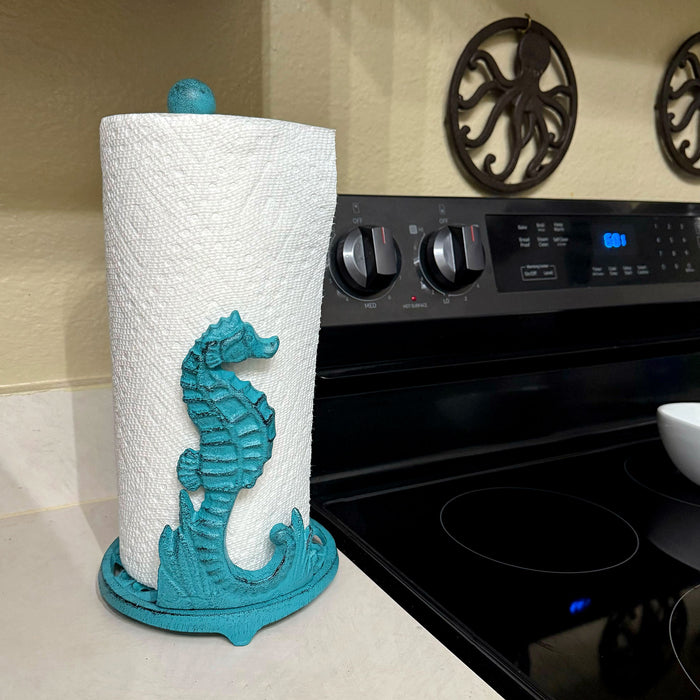 Turquoise - Image 4 - Seahorse Cast Iron Paper Towel Holder - Elegant 13” Tall Marine-Themed Dispenser - Nautical Style Decor