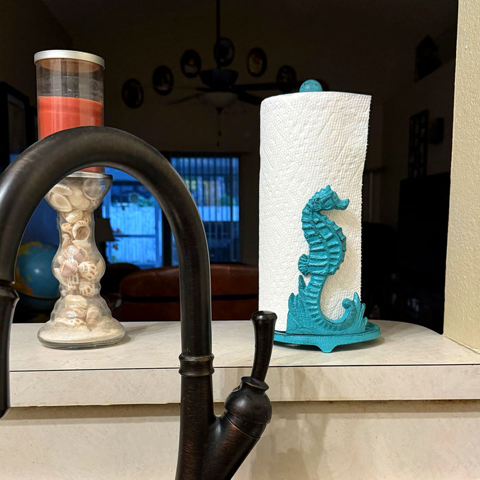 Turquoise - Image 5 - Seahorse Cast Iron Paper Towel Holder - Elegant 13” Tall Marine-Themed Dispenser - Nautical Style Decor