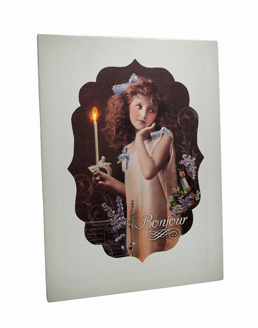 Vintage Look Bonjour Flickering Candle Girl LED Canvas Art Print Image 1