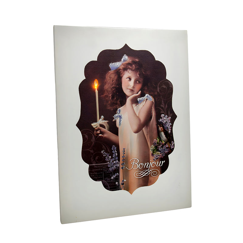 Vintage Look Bonjour Flickering Candle Girl LED Canvas Art Print Image 1
